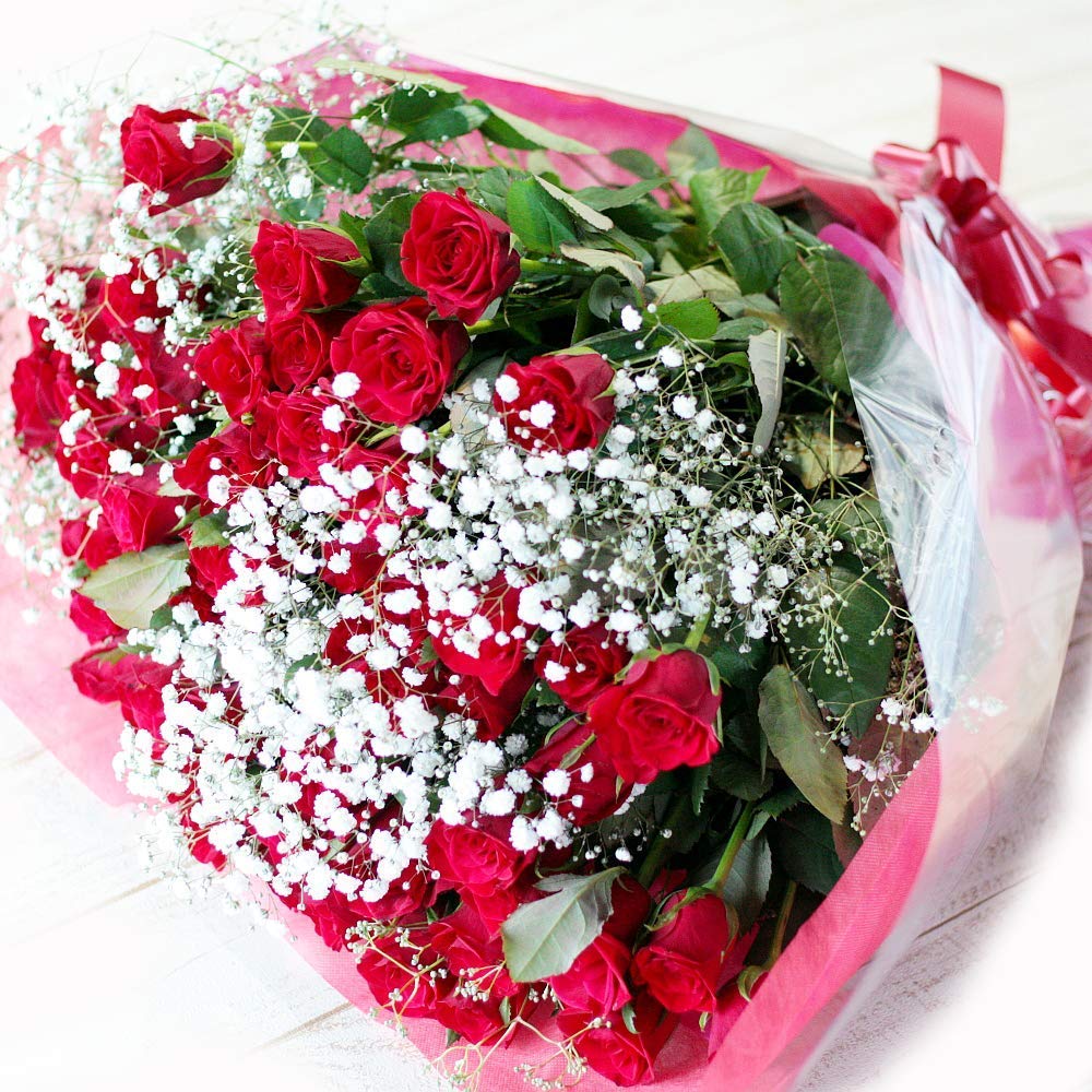 【1/2～1/9指定不可】BisesFlower(ビズフラワー)【クール便出荷】 国産 バラ 花束 60本 赤 かすみ草 セット プロポーズ サプライズ 花 ローズ 薔薇 ブーケ ウェディング プレゼ