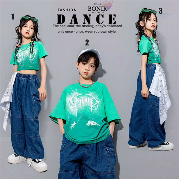 衣装 キッズ セットアップ Tシャツ デニムパンツ 半袖 ロングパンツ 子供服 ヒップホップ ゆったり ダンス セットアップ へそ出し 女子 男子 ステージ衣装 ストリート系 レッ