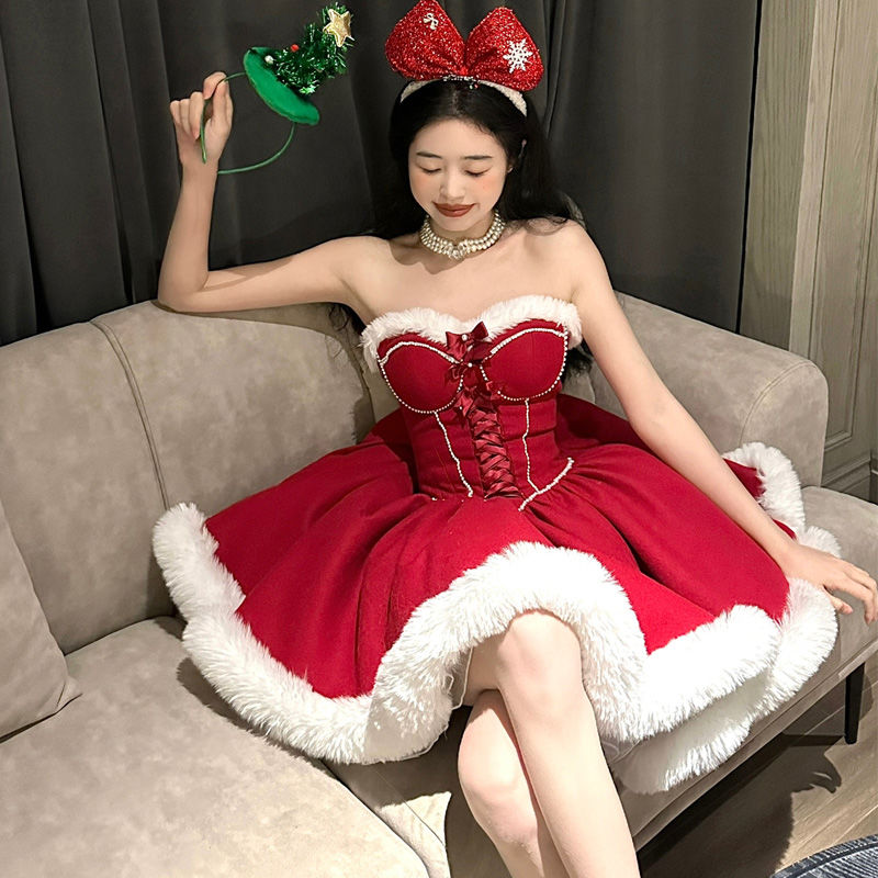 迅速な3日以内の出荷ロリータドレスクリスマス新年戦争ドレス王女スカート秋の新しい気質セレブ赤ビスチェドレス女性