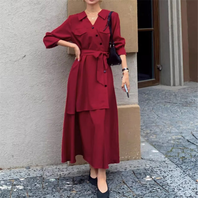 ドレス ミモレ丈ドレス ミモレ 袖あり 長袖 POLO襟 かわいい きれいめ シンプル 大人 上品 おしゃれ かっこいい 大人 おしゃれ 無地 20代 30代 レディース パーティー イベント 美容師