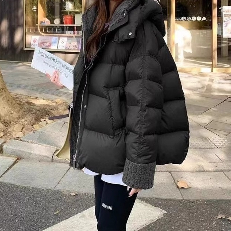 コーヒーダウンジャケットレディース2024冬ゆったりラムウール襟中綿ジャケット厚手ジャケット