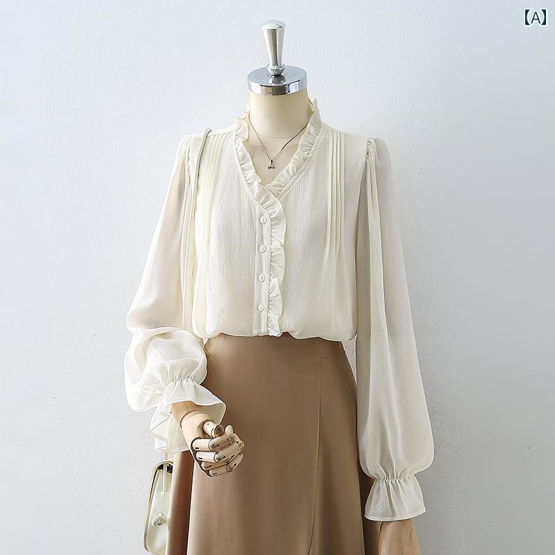 レディース シフォンシャツ ブラウス 長袖 春秋 アイボリー フリル立ち襟 フレンチ Vネック ランタンスリーブ 袖口フリル シングルブレスト フェミニン エレガント 上品 大人かわいい きれいめ