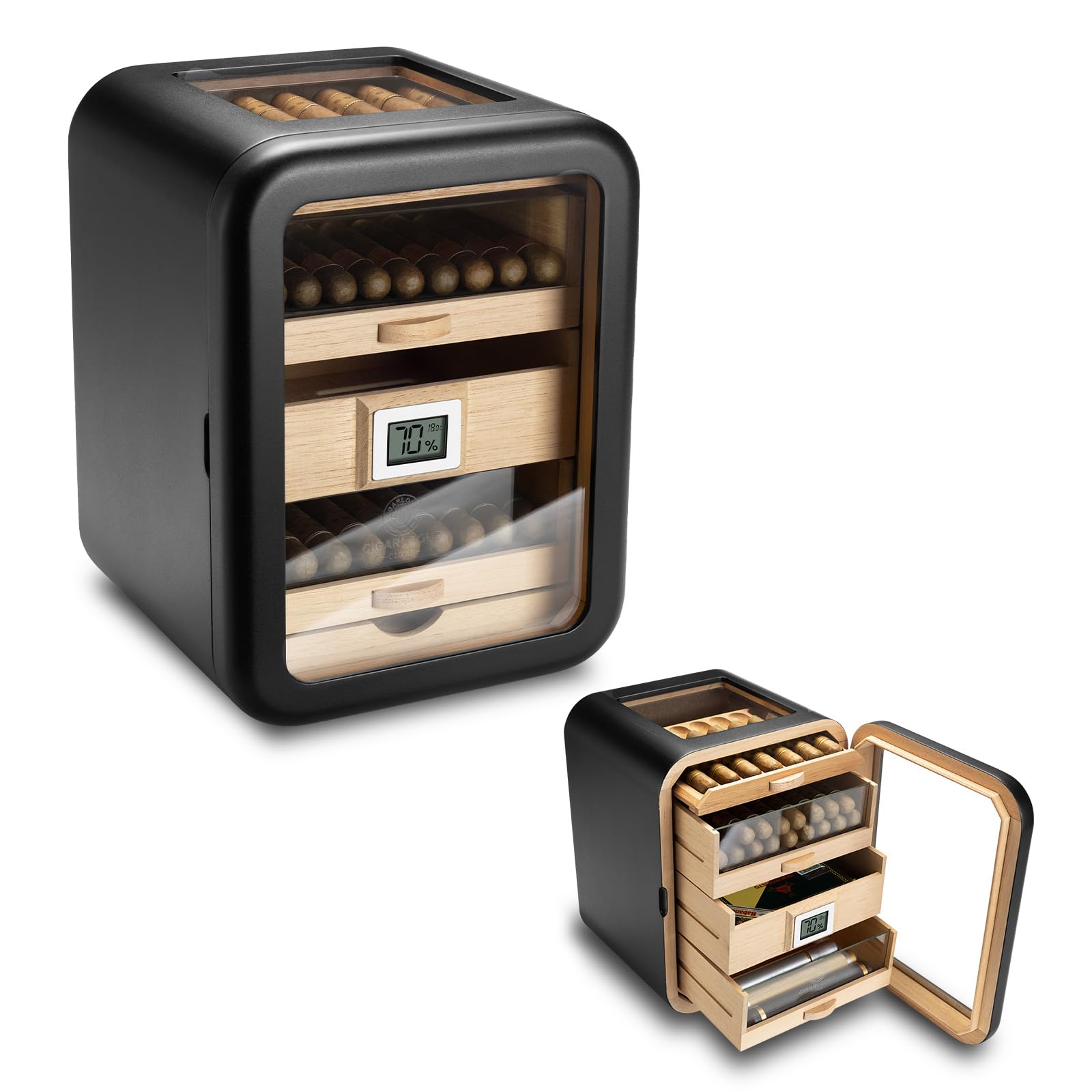 シダーウッド シガー ヒュミドール キャビネット ガラストップ加湿器湿度計付き 大容量 シガー ストレージ キャビネット 4 つの引き出し付き 110 本のシガーを収納可能 自宅オフィス用 (黒