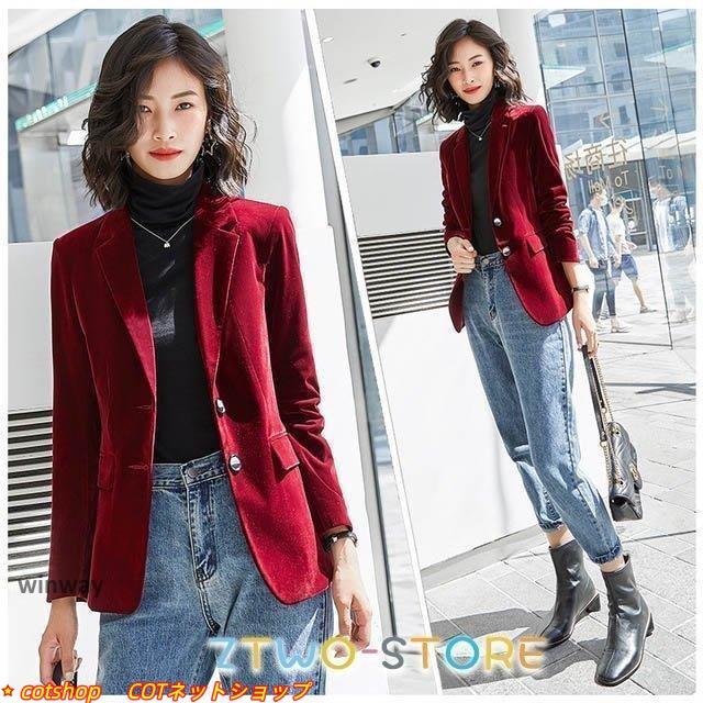 コスパ商品！秋 テーラードジャケット レディース ベルベット ベロア ジャケット 通勤 OL オフィス 長袖 スーツジャケット 大きいサイズ ブラック ワイン赤