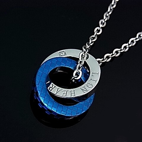 LION HEART/ステンレスアクセライオンハートメンズ 2連リングトップ ステンレスネックレス ブルー送料無料04N135SMBL(国内正規品)