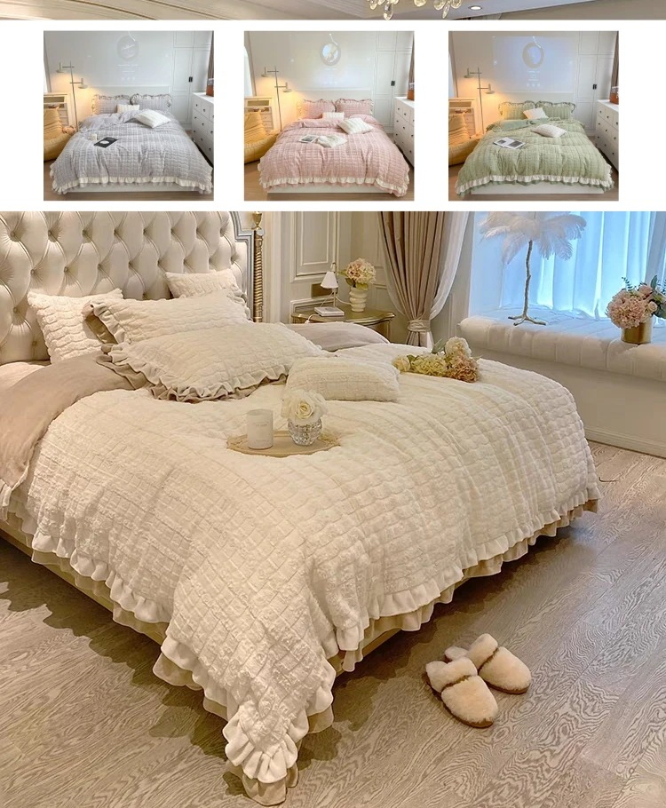 布団カバー セット ベッド用品4点セット コーラルダウン 冬 毛布 暖かい 二重レース 四角い格子状のミルクウール 厚手 ベッドカバー ダブルサイズ 掛け布団カバーボ 抗菌防臭 洗える 寝具 12,438円