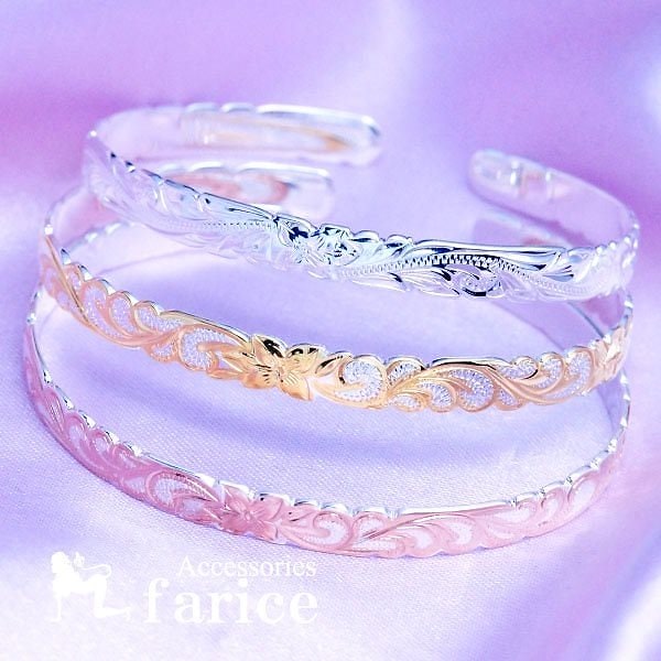 ハワイアンジュエリー バングル プルメリア フラワー 花 カレイキニ 波 カットアウト ピンクゴールド