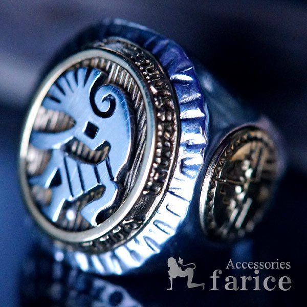 ココペリ(精霊)立体装飾 サンフェイス(太陽神)彫り ブラスゴールドバイカラー メンズ インディアンジュエリー シルバー925 リング 6,160円