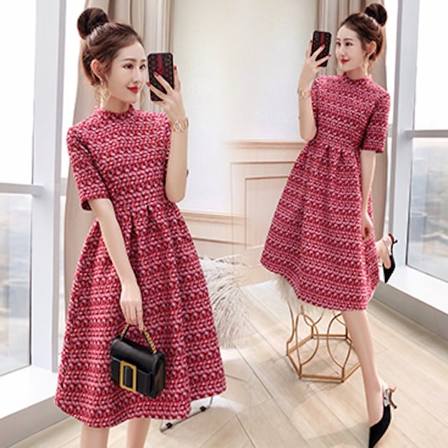 膝丈 ドレス 2タイプ ワンピース レディース 大きいサイズ お呼ばれ 袖あり ハイウエスト フレア ステッチ 14,386円