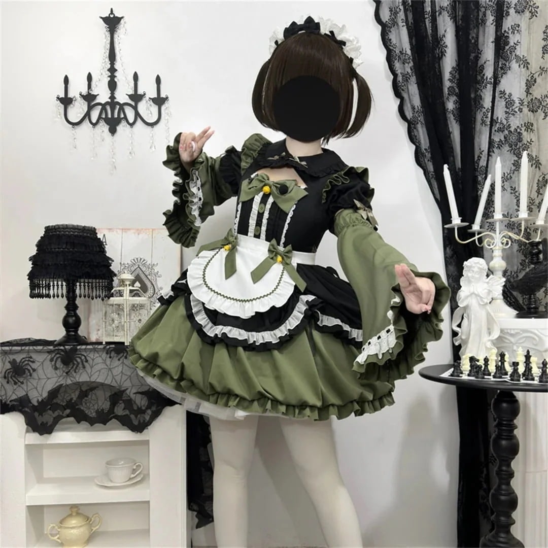 新作 3点セット 5色 可愛い メイド服 S M L ロリータ 撞色 ワンピース セットアップ