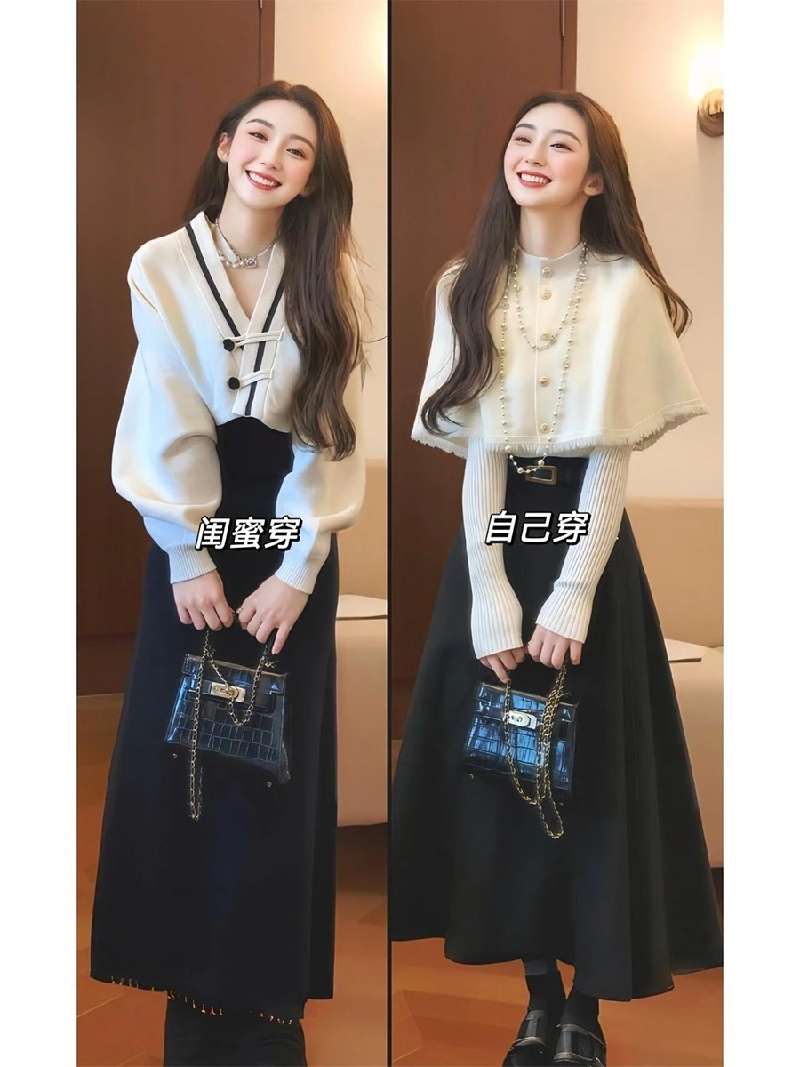 プラスサイズの太めの韓国風冬服（mmケープショールボトムスシャツスカートスリーピーススーツ）