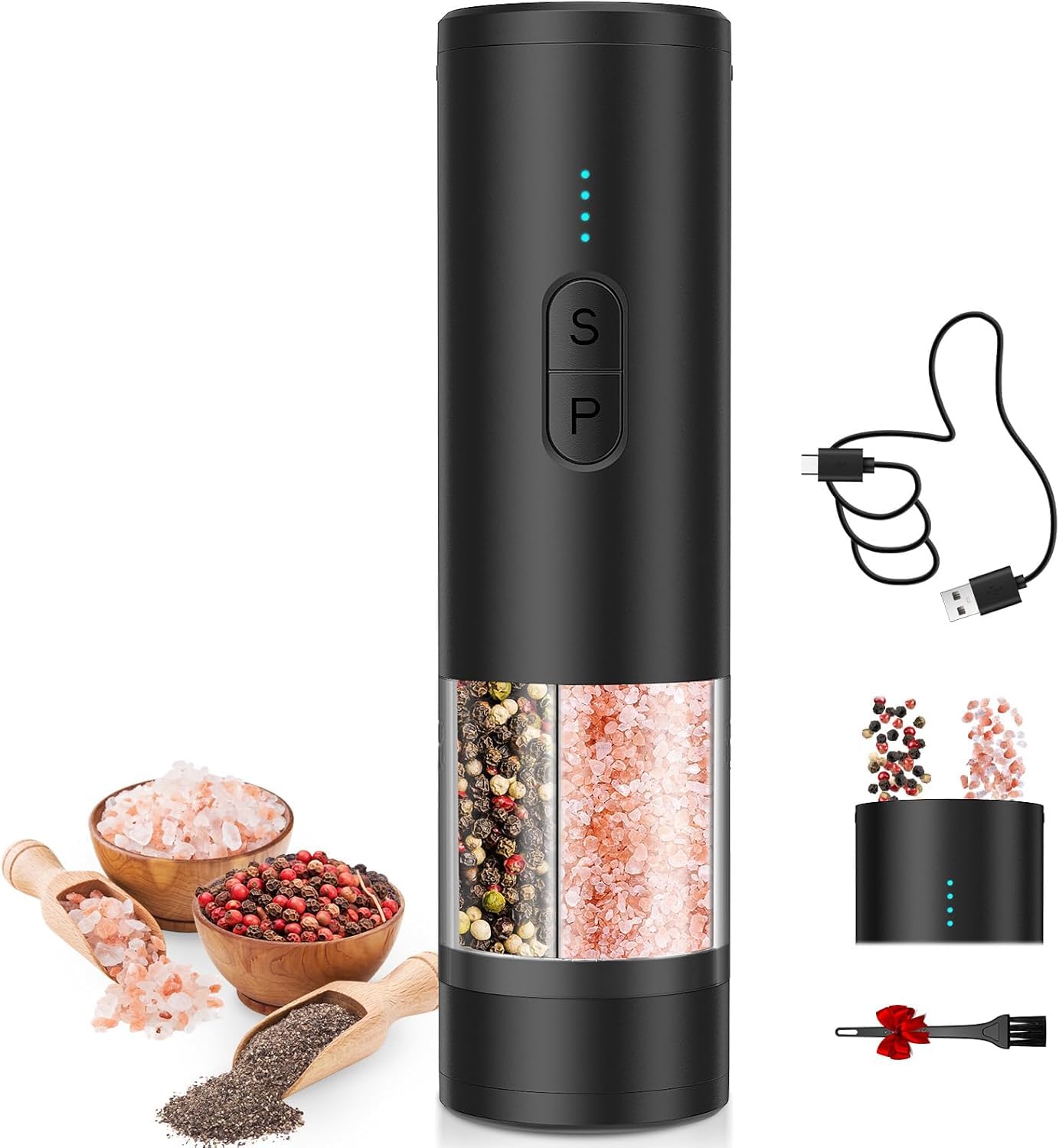 電気式 塩コショウ ミル セット2in1 デュアルビン USB充電式 詰め替え可能 自動 塩 胡椒 ミル シェーカー LEDライト付きデュアルセラミック グラインダー 調整可能 挽き具合キッチン