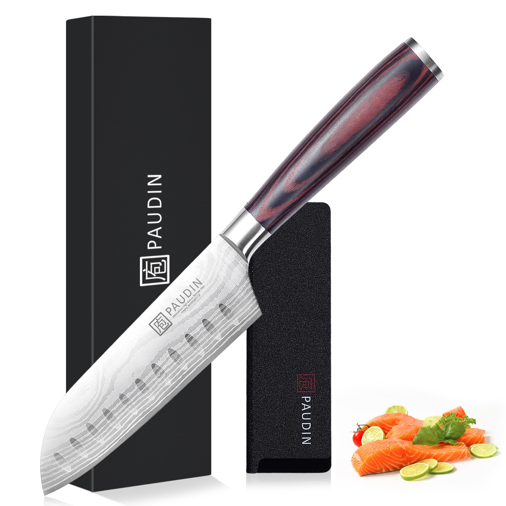 三徳包丁 PAUDIN 包丁 小型 130mm 軽量127g 万能包丁 5Cr15Movステンレス鋼 デポット加工 木製ハンドル 切れ味良い 肉・魚・野菜対応 贈り物