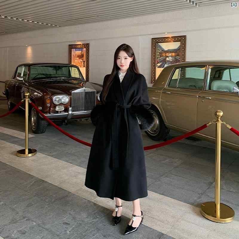 レディース ファッション　オシャレ ブラック ウール コート 冬 ハイエンド 両面 レースアップ スリーブ ミドル丈