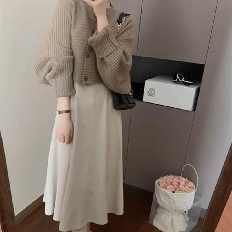 トップス ワンピース ニット セーター カーディガン セットアップ アンサンブル レディース ロング 袖なし 長袖 ボリューム袖 Uネック フレア フェミニン 前開き ボタン かわいい 大人可愛い き