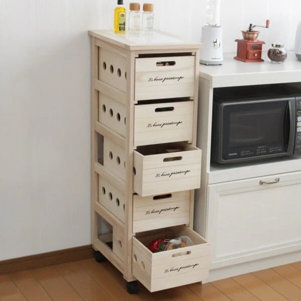 キッチンストッカー 5段 桐製 タイルトップ 幅30cm