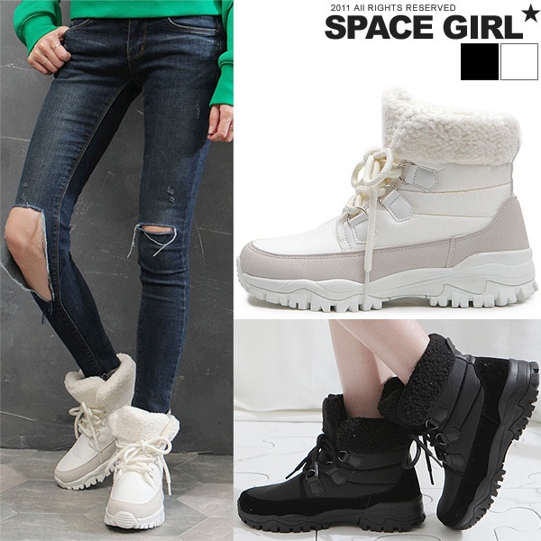 フリースラインストラップスニーカーレースアップブーツワーク冬の女性の靴厚底ストームカジュアル