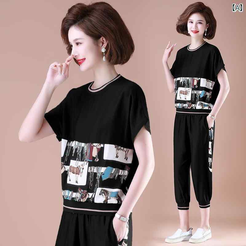 セットアップ レディース 上品 おしゃれ マダム 婦人服 ファッション 夏 半袖 Tシャツ 大きいサイズスポーツウェア クロップド