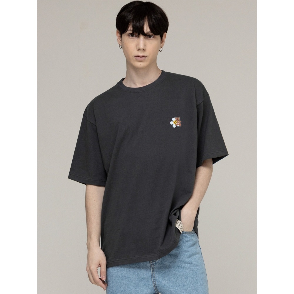 グレイバーフラワーベアスマイルエンブロイダリー半袖Tシャツチャコール