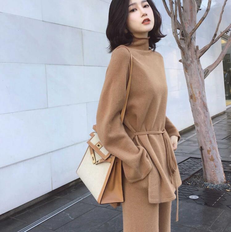 在庫処分ウール混ニットセットアップ　ウール混紡　ガウチョパンツ　ワイドパンツ　トップス ニット　ハイネック　タートルネック　セーター　プルオーバー　体型カバー 着痩せ　　ベルト付き　レディース 秋 冬