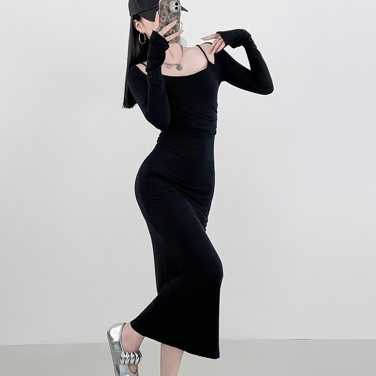 ワンピース ロングワンピース 長袖 オフショル タイト 背中開き バックシャン 可愛い かわいい 大人可愛い きれいめ シンプル 上品 おしゃれ かっこいい カジュアル こなれ感 個性的 主役級