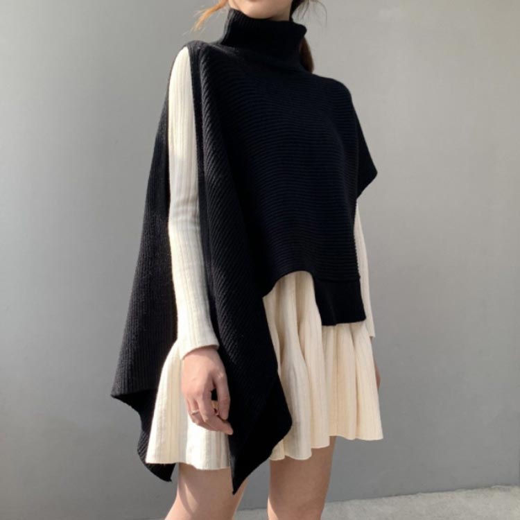 アシメニットレディース秋冬ベストベストトップスノースリーブ半袖ハイネックタートルネックリブ編みアシンメトリーおしゃれアシンメトリー大きいサイズセーター重ね着ニット変形二の腕カバー秋大人可愛い黒グレーレ