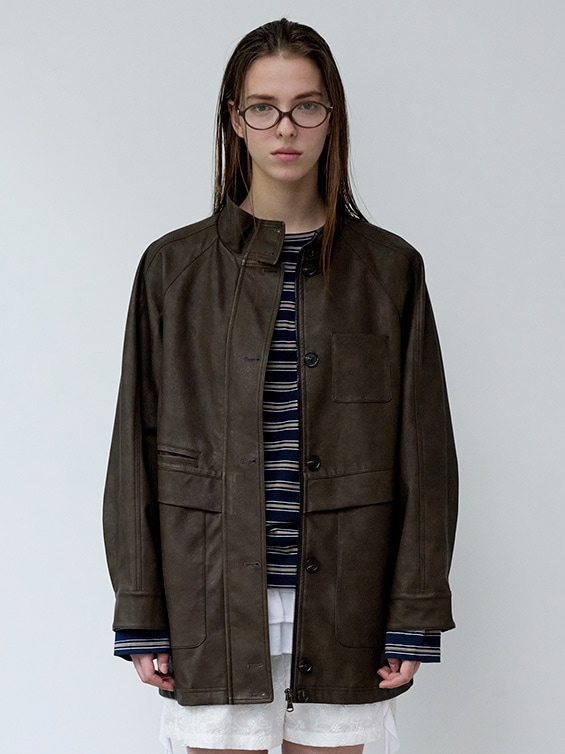HIGH NECK LEATHER JACKET BROWN