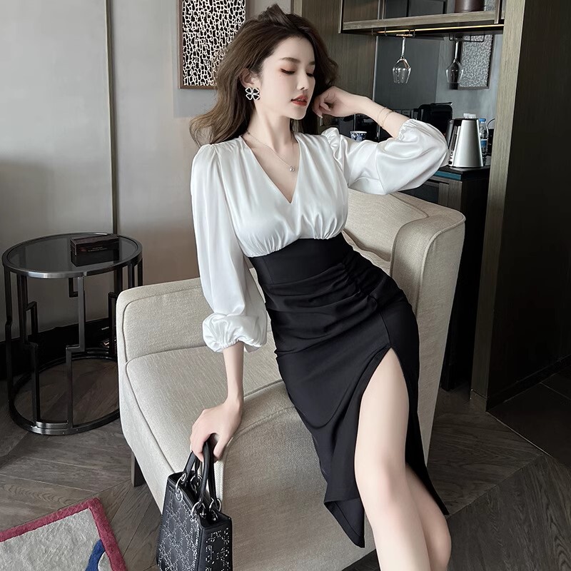 ワンピース ドレス レディース ワンピドレス デコルテ パフスリーブ 袖あり 五分袖 タイト 無地 バイカラー スリット Vネック ハイウエスト ミモレ丈 肌見せ 膝下 上品 色っぽい セクシー