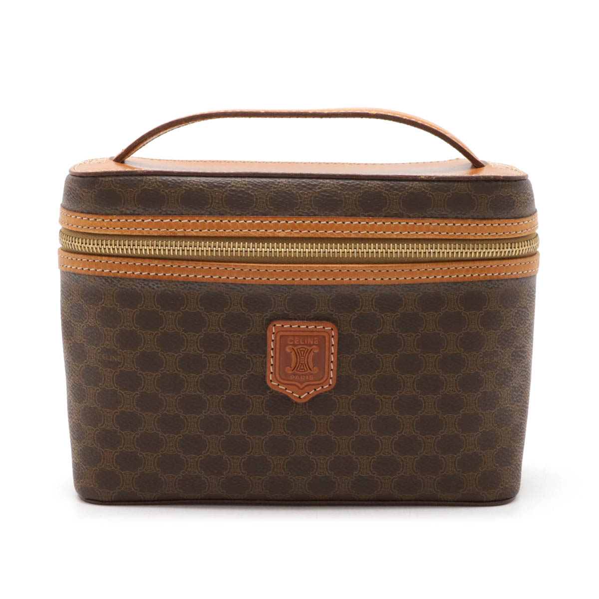 マカダム柄 バニティバッグ ハンドバッグ ミニバッグ ポーチ PVC レザー ダークブラウン ゴールド金