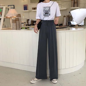 150cmブラックアイスシルクワイドレッグパンツレディースサマーシンストレートカジュアルパンツドレー
