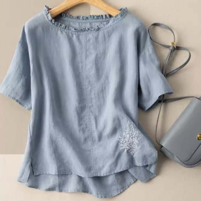 レディース トップス シャツ ブラウス 半袖 ワイド 刺繍 リネン コットン かわいい 大人可愛い きれいめ シンプル カジュアル 上品 おしゃれ レトロ こなれ感 ラフ ガーリー ルーズ 個性的