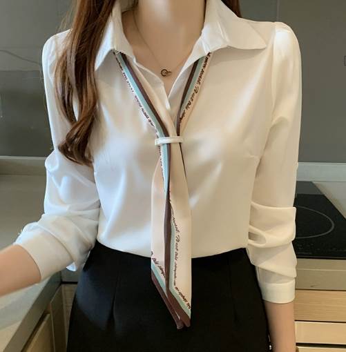 トップス シャツ 白シャツ 袖あり 長袖 ストレート スマート リボン スカーフ 大人可愛い きれいめ シンプル 大人 上品 おしゃれ お洒落 かっこいい 大人女子 メンズライク クール 無地 春 秋