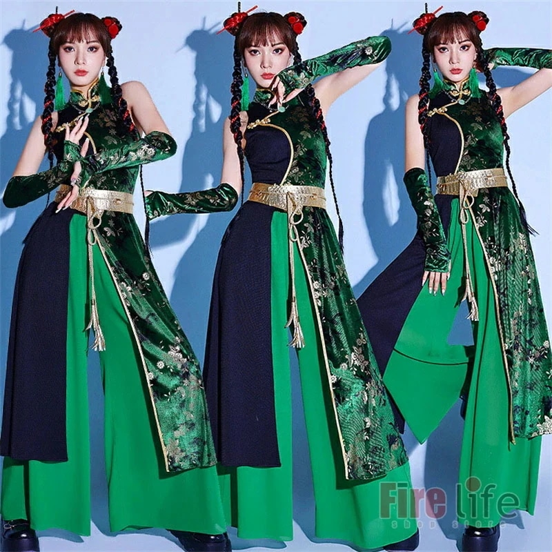 ダンスウェアセール ダンス衣装 大人 セクシー DS演出服 韓国 グリーン 花柄 セットアップ チャイナ風 ステージ衣装 レディース jazz ヒップホップ へそ出し キュロットパンツ スカート 派手