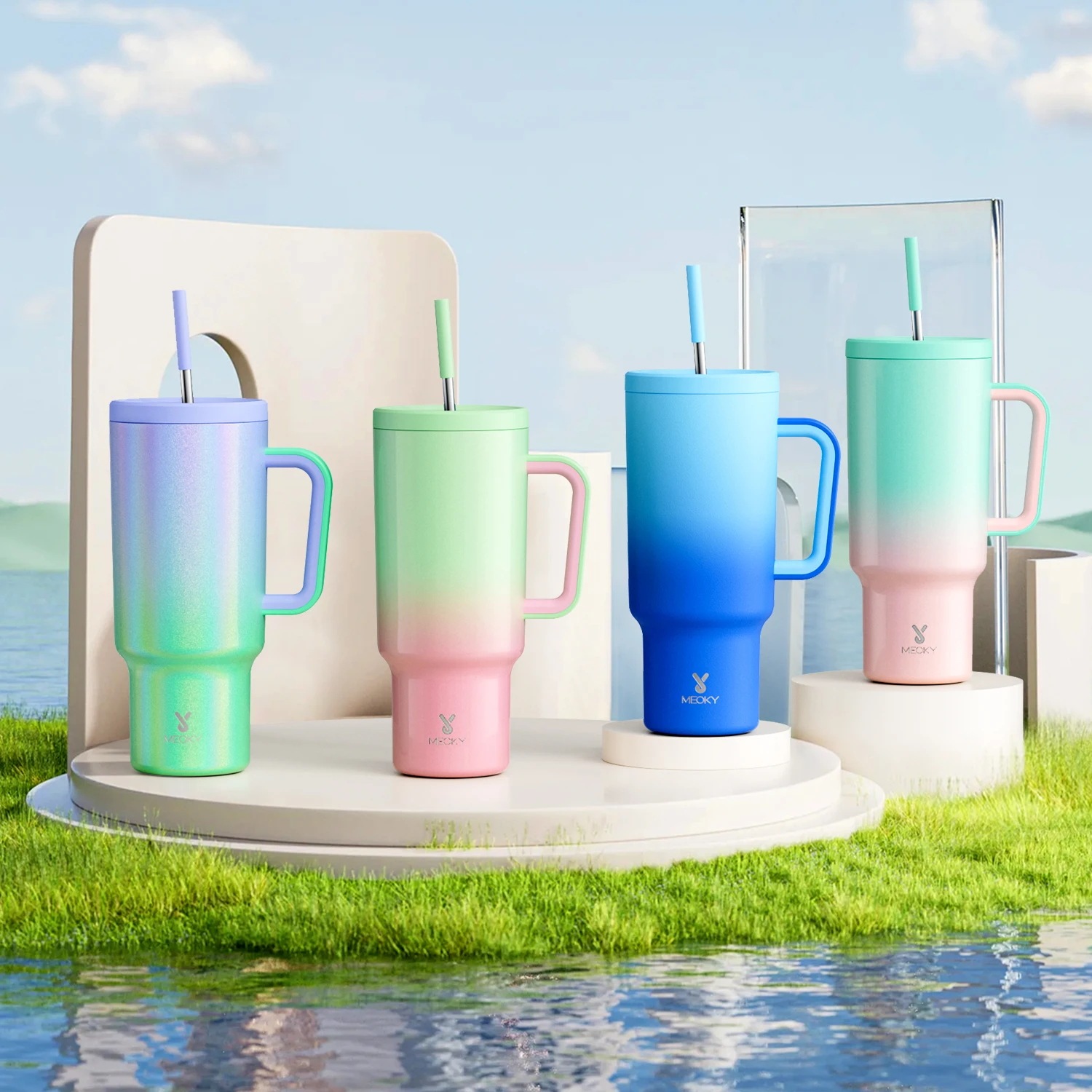 Meoky-真空断熱ウォーターボトルステンレス鋼タンブラー再利用可能なカップ漏れに強いフリップホームオフィスまたは車40オンスその他