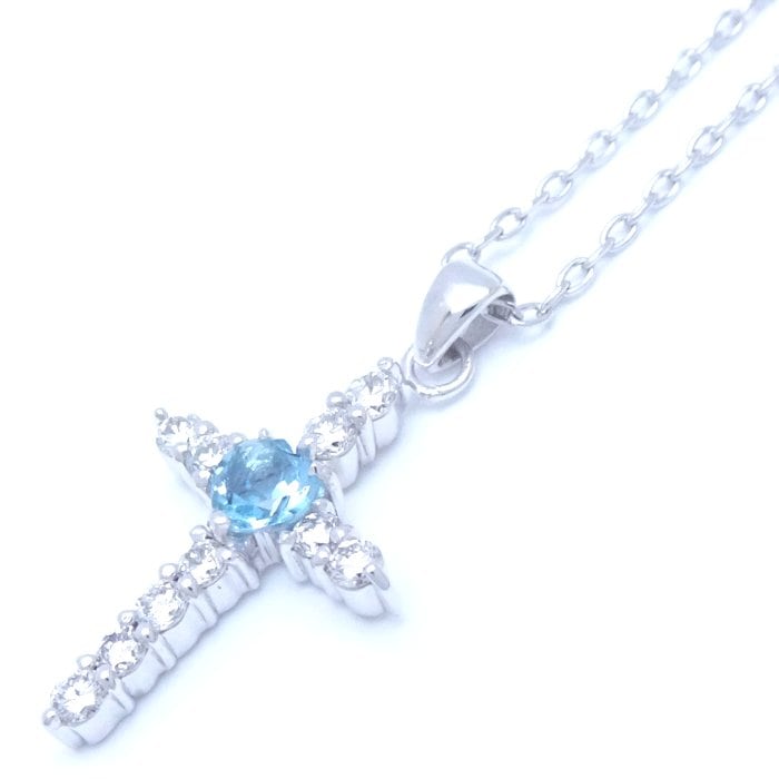 クロス ネックレス アクアマリン ダイヤモンド0.30ct K18WG ホワイトゴールド/293309【中古】