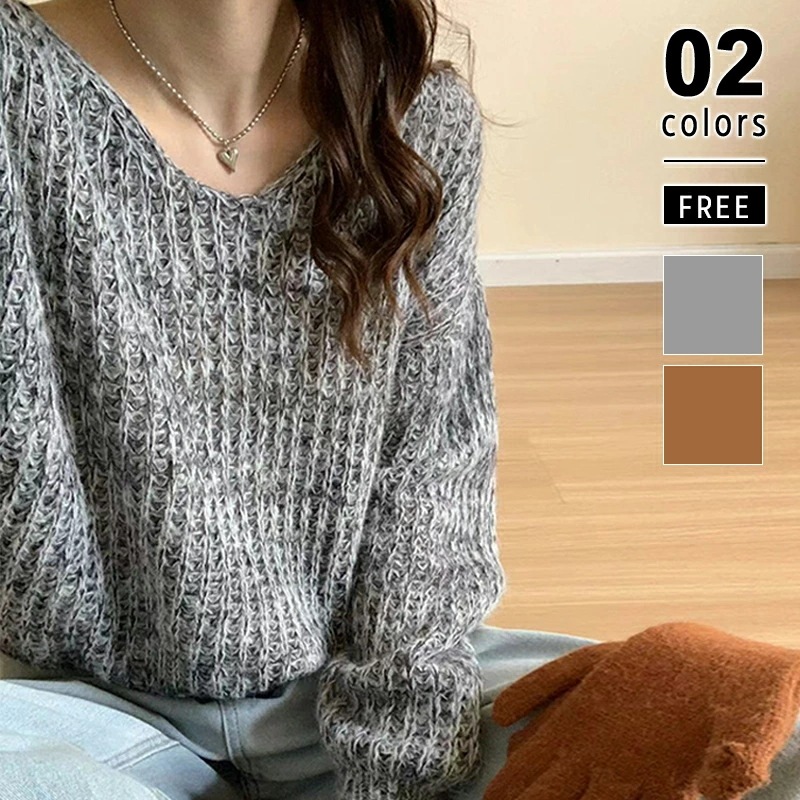 【2枚購入で100円OFF】ニット セーター ゆるニット Vネック レディース ルーズ ゆったり トップス 長袖 ざっくりニット 大きめ ざっくり ドロップショルダー ニットセーター ボリュ