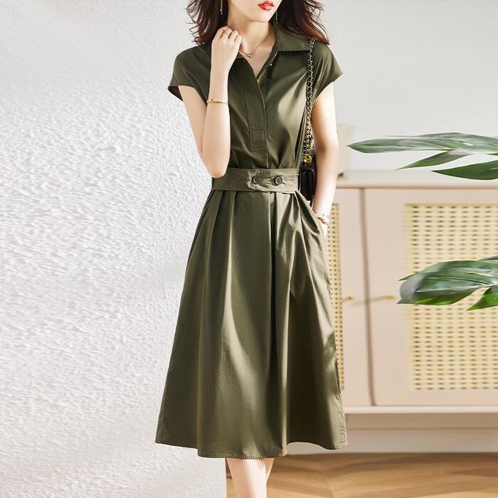 ワンピース ワンピ ドレス コットン シャツワンピ レディース エレガント きれいめ カジュアル 大人 可愛い フェミニン ひざ丈 半袖 フレンチスリーブ ウエストベルト シンプル グリーン 緑 春 5,008円