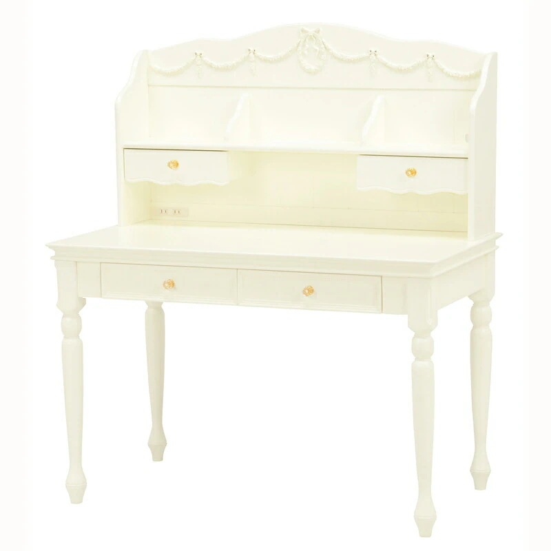 デスク(ホワイト)　RT-1851WH二口コンセントやA4対応の引出しキュートなリボンレリーフとクリスタルの取っ手が可愛い学習机