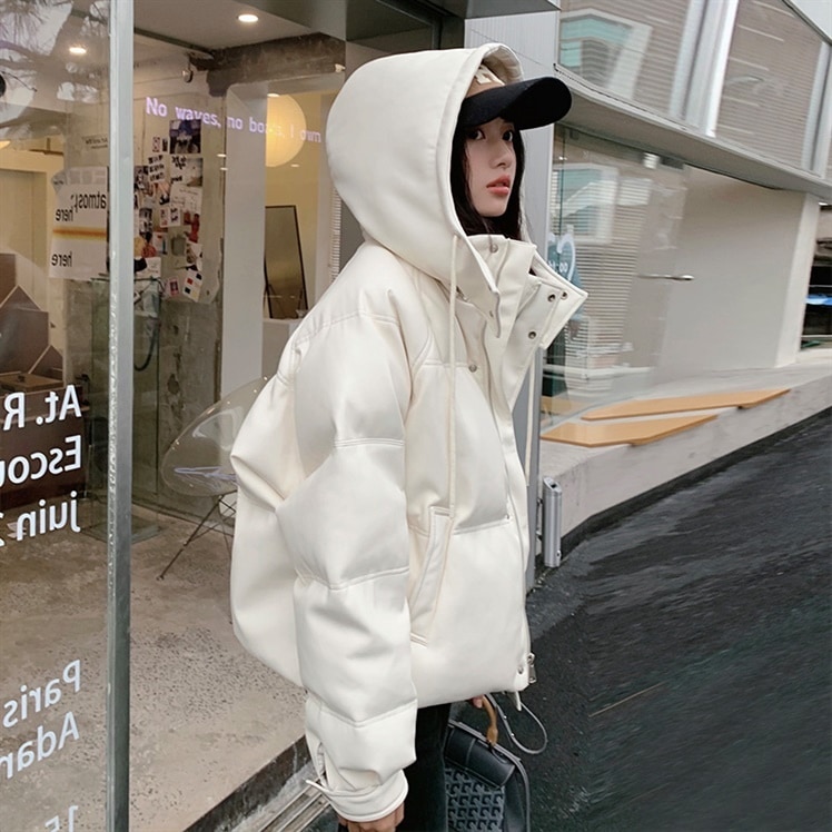 ショートダウンジャケット PUレザージャケット ショート ダウンジャケット ダウンコート ホワイトダウン レディース ダウン フード付き D275