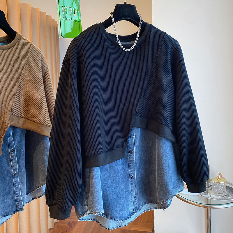 【大きいサイズ】ドッキングデニムニット ニット セーター デニムシャツ レイヤード風 レディース ゆったり. お仕事コーデ ママコーデ オシャレ トップス 春秋 a4716