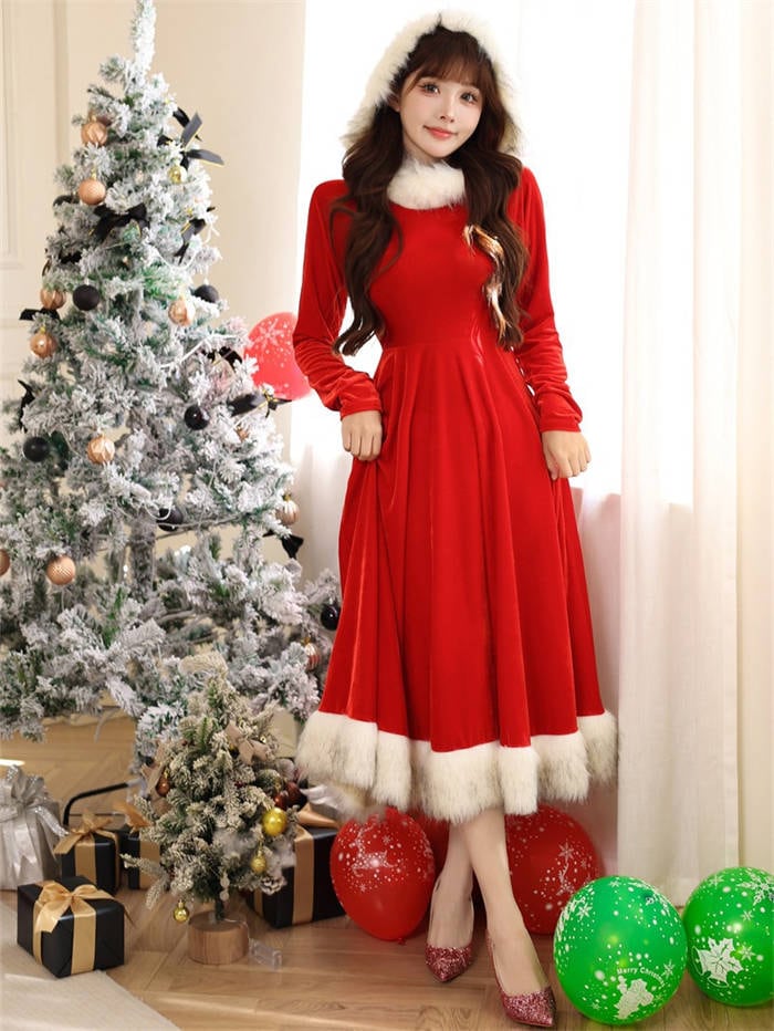 クリスマス ワンピース レディース フード付き サンタ 長袖 無地 プルオーバー プリンセス 演出服 衣装 コスプレ 仮装 大人 コスチューム デザイン感 ハロウィン コス エレガント ワンピ 仮装