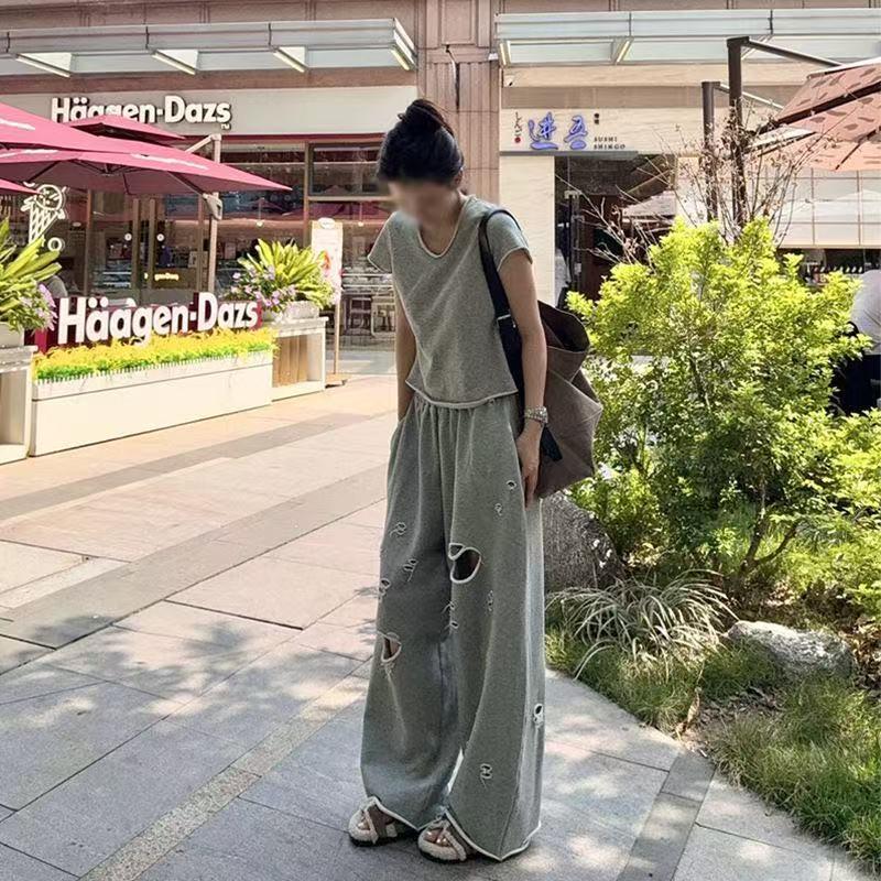 【値下げ】良い製品をお勧めします！トップス+パンツ レディース セットアップ ダメージ 夏 ワイドパンツ 半袖 上下セット 2点セット ゆったり 薄手 無地 シンプル SLSD013(S2XL)