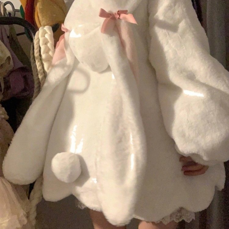 かわいいウサギの耳ラムベルベットスウェットシャツジャケット女性用冬小柄な方向けプラスベルベットの厚みのある毛皮のようなコットンジャケット
