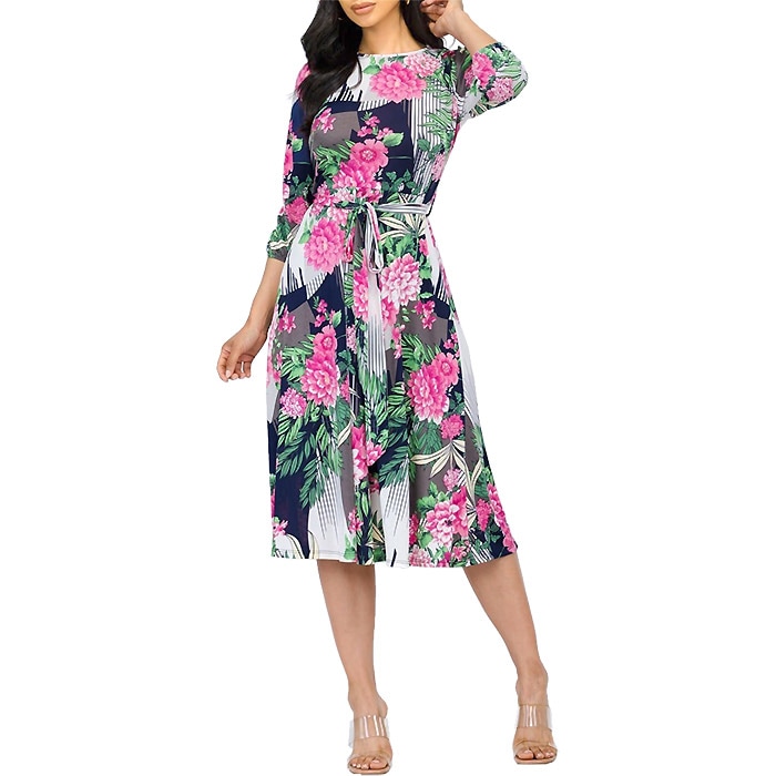 ワンピース 膝下丈 7分袖 丸首 リボン 花柄 レトロ ディスコ カラオケ パーティー お出かけ 女子会 40代 50代 60代 S.M.L.XL ネイビーピンク USA HF230720LA013