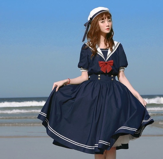 セーラー服風ワンピース ロングワンピース ハイウエスト Aラインスカート 半袖 韓国 レディース オルチャン 卒業式 10代 学生 Vネック セーラー風 セーラー襟 セーラーワンピース