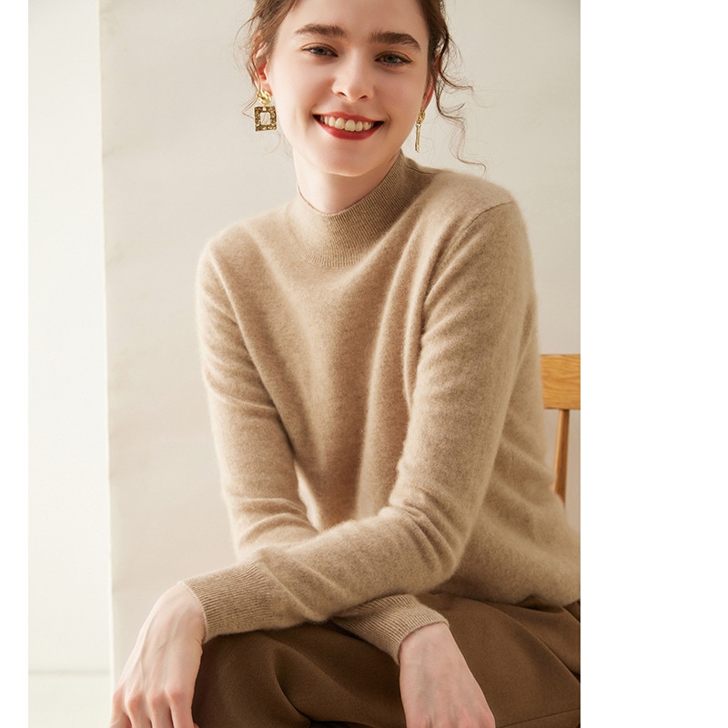 ソフトでワックス状のピュアカシミヤレディースハーフハイカラーゆったり無地優しいスタイルシンプル暖かい秋冬新作ボトムスシャツ