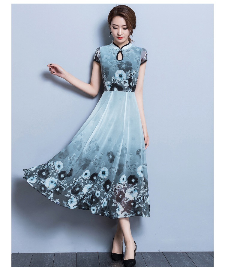 1944.チャイナドレス風花柄ロングドレス（グレー）2019 春夏 sale 春夏 sale ワンピース フレア シースルー 半袖 エレガント お呼ばれ パーティー 結婚式 披露宴 女子会 レストラン