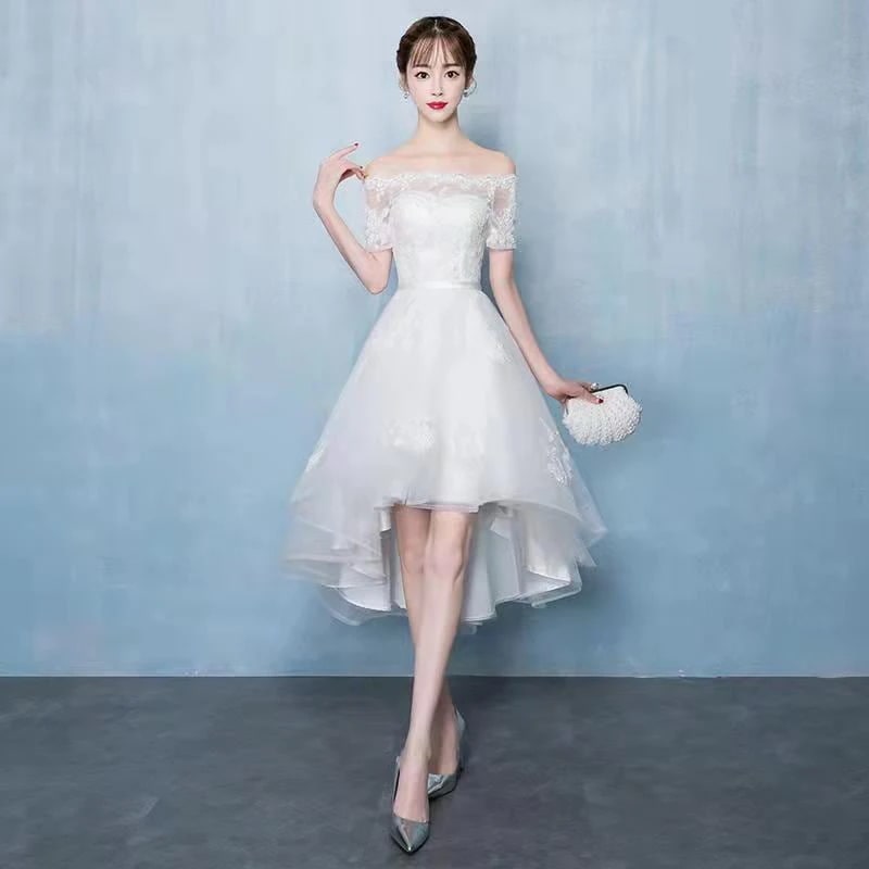 花嫁介添人ドレスは前が短く後ろが長いです冬の妖精のドレスウェディングドレス気質小さなイブニングドレスです