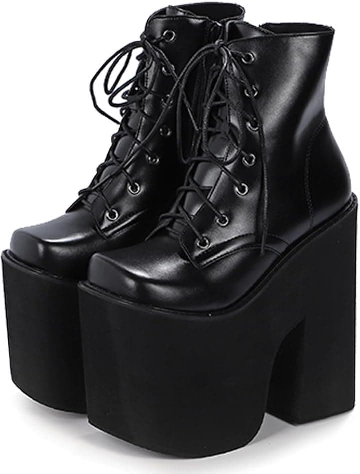 レディース ショート ブーツ 厚底 17cm 太ヒール サイドジップ レースアップ 編み上げ 美脚 コスプレ カジュアル ゴシック(ブラック, 23.0 cm)