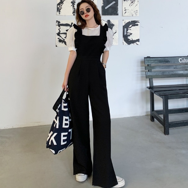 ワンピース オールインワン オーバーオール ロング丈 袖なし ノースリーブ スクエアネック 襟なし ワイド フリル ウエストマーク バックリボン スリット バックシャン ハイウエスト かわいい